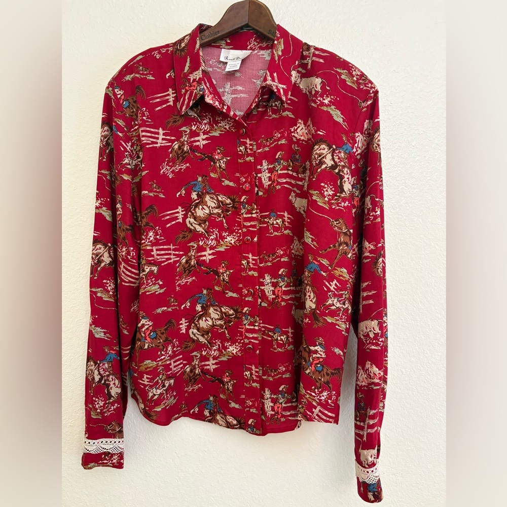 Ranch Dressing Western Cowboy Print Button Shirt Rodeo Horses Red Blouse XL USA
